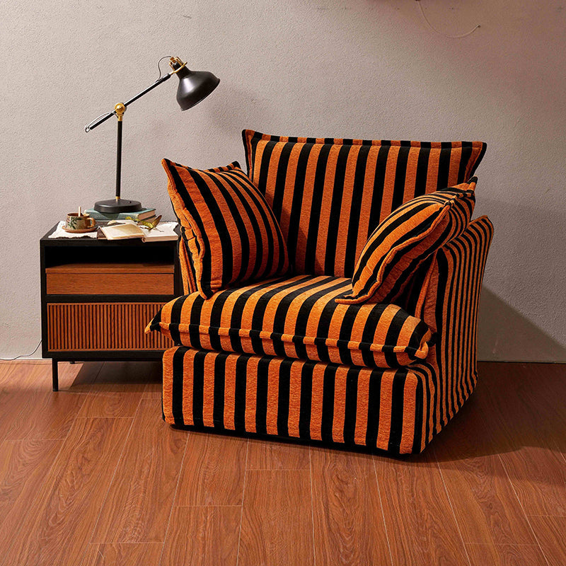Bold Black & Orange Stripe Pattern Swivel Birch Wood Accent Chair - French Lounge Chair for Living Room