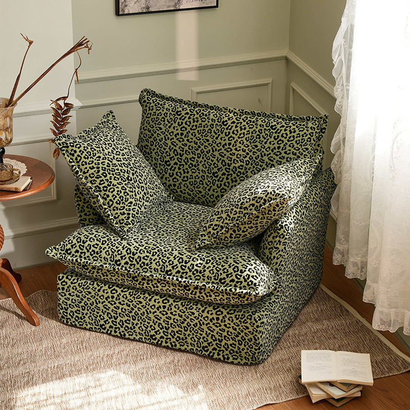 Green Leopard Print Swivel Birch Wood Accent Chair - Vintage Oriental Sofa for Living Room