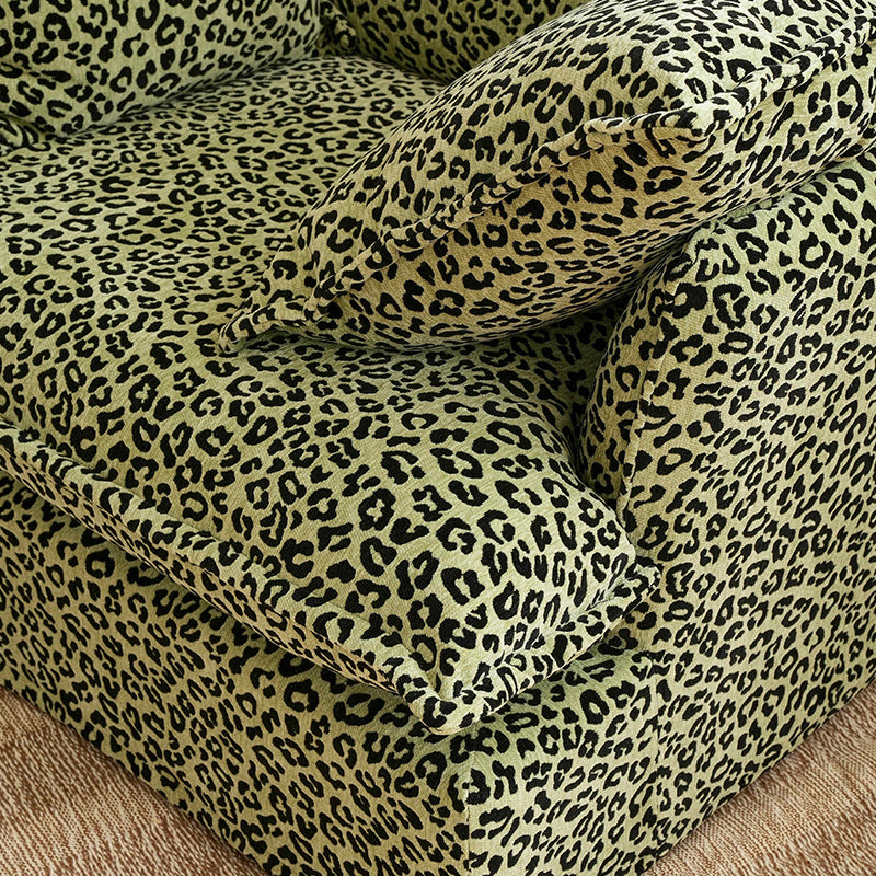 Green Leopard Print Swivel Birch Wood Accent Chair - Vintage Oriental Sofa for Living Room