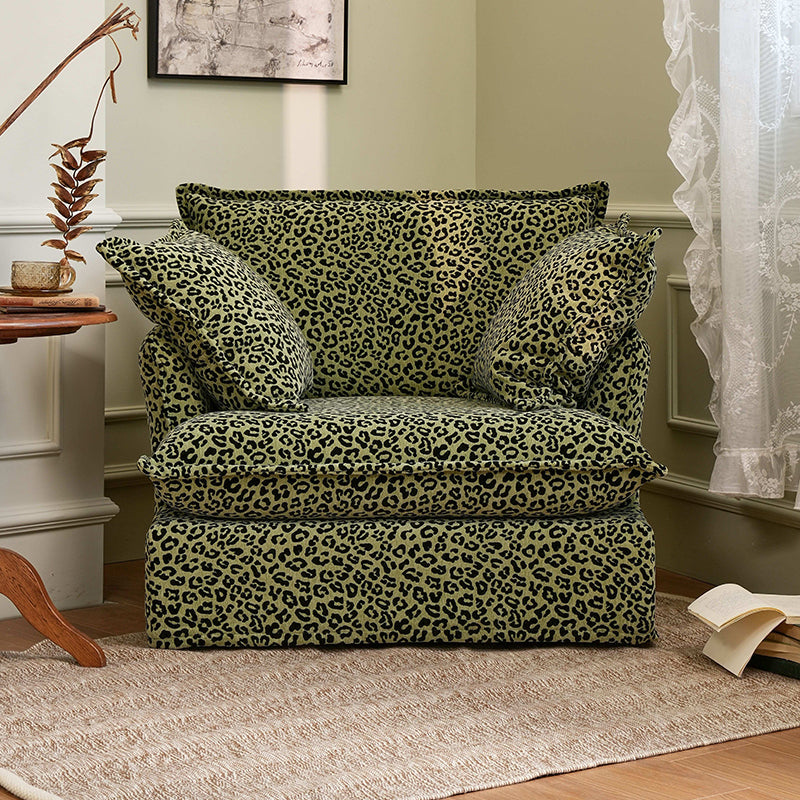Green Leopard Print Swivel Birch Wood Accent Chair - Vintage Oriental Sofa for Living Room
