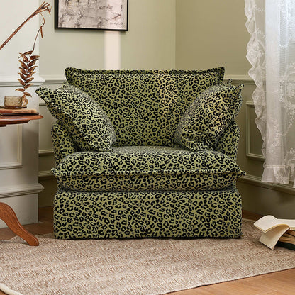 Green Leopard Print Swivel Birch Wood Accent Chair - Vintage Oriental Sofa for Living Room