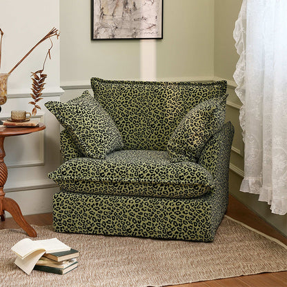 Green Leopard Print Swivel Birch Wood Accent Chair - Vintage Oriental Sofa for Living Room