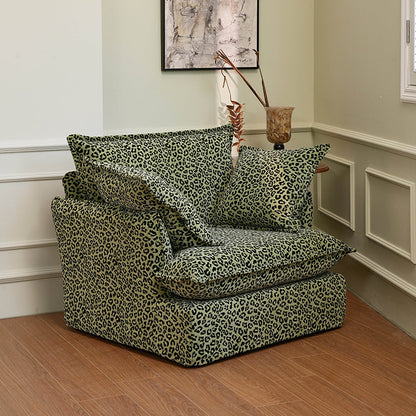 Green Leopard Print Swivel Birch Wood Accent Chair - Vintage Oriental Sofa for Living Room
