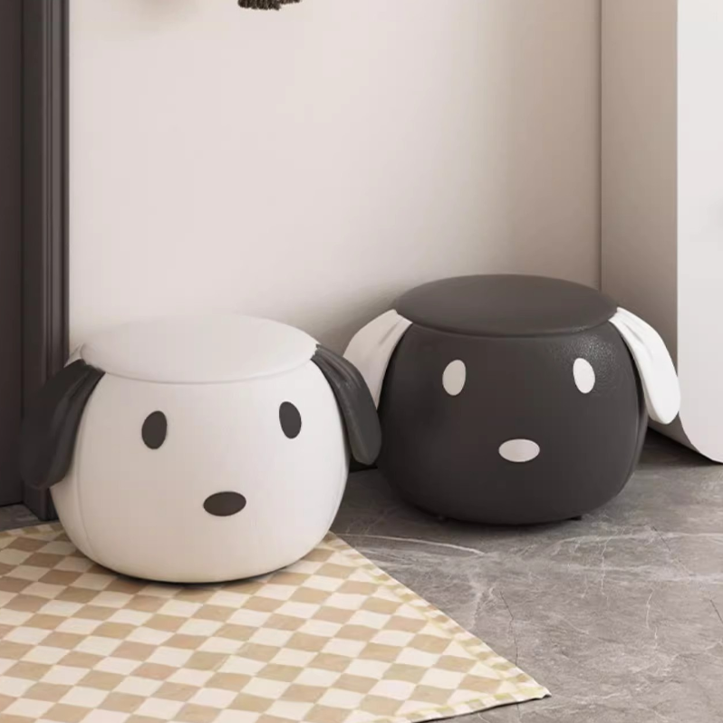 Contemporary Creative Oil Wax Leather Solid Wood Stainless Steel Dog-Shaped Round Movable Low Stool For Living Room