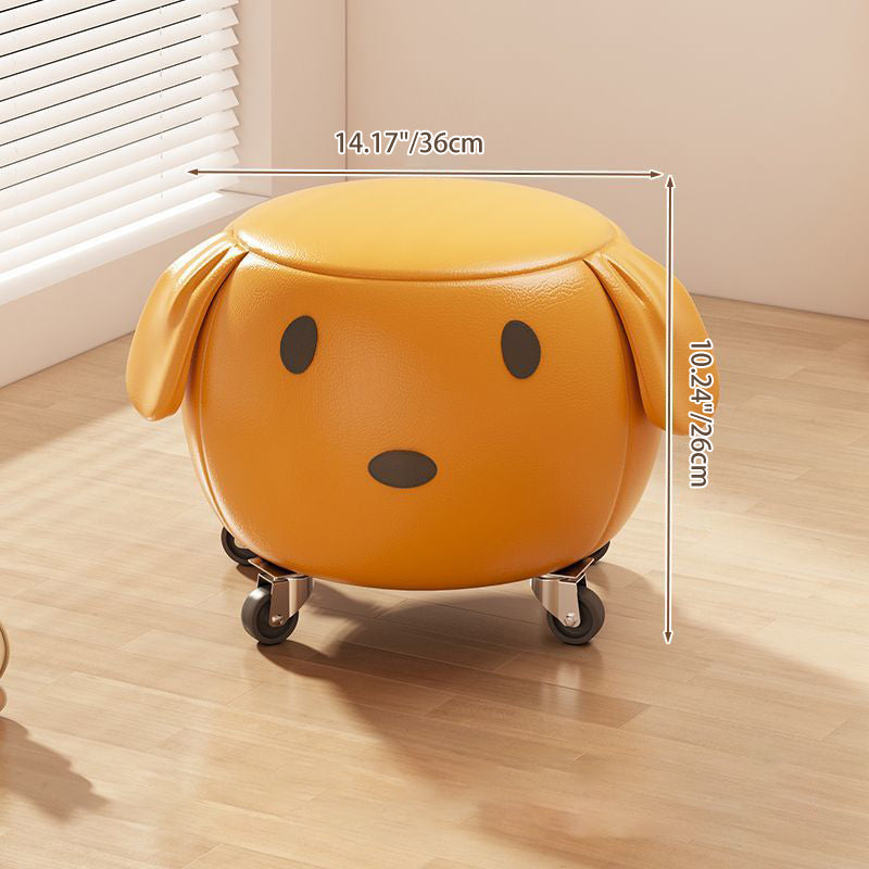 Contemporary Creative Oil Wax Leather Solid Wood Stainless Steel Dog-Shaped Round Movable Low Stool For Living Room