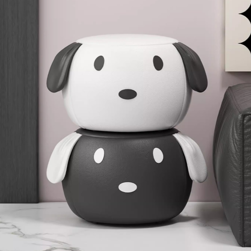 Contemporary Creative Oil Wax Leather Solid Wood Stainless Steel Dog-Shaped Round Movable Low Stool For Living Room