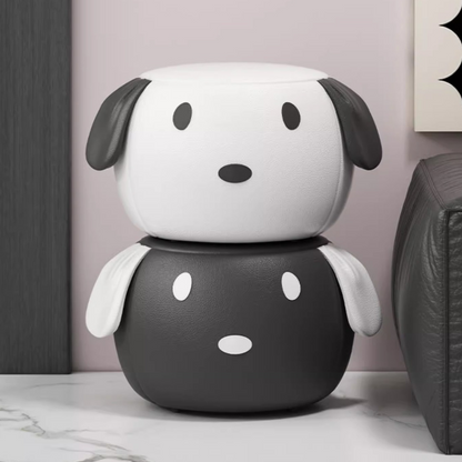 Contemporary Creative Oil Wax Leather Solid Wood Stainless Steel Dog-Shaped Round Movable Low Stool For Living Room