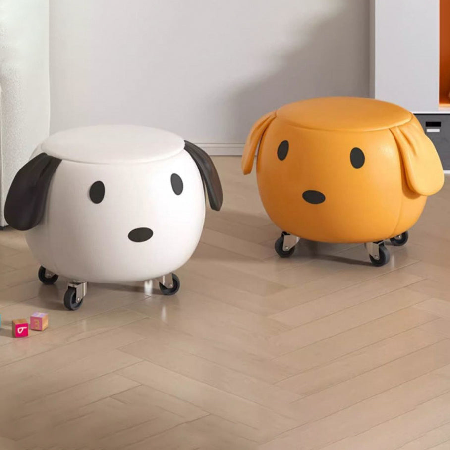 Contemporary Creative Oil Wax Leather Solid Wood Stainless Steel Dog-Shaped Round Movable Low Stool For Living Room