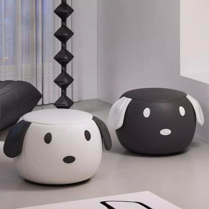 Contemporary Creative Oil Wax Leather Solid Wood Stainless Steel Dog-Shaped Round Movable Low Stool For Living Room