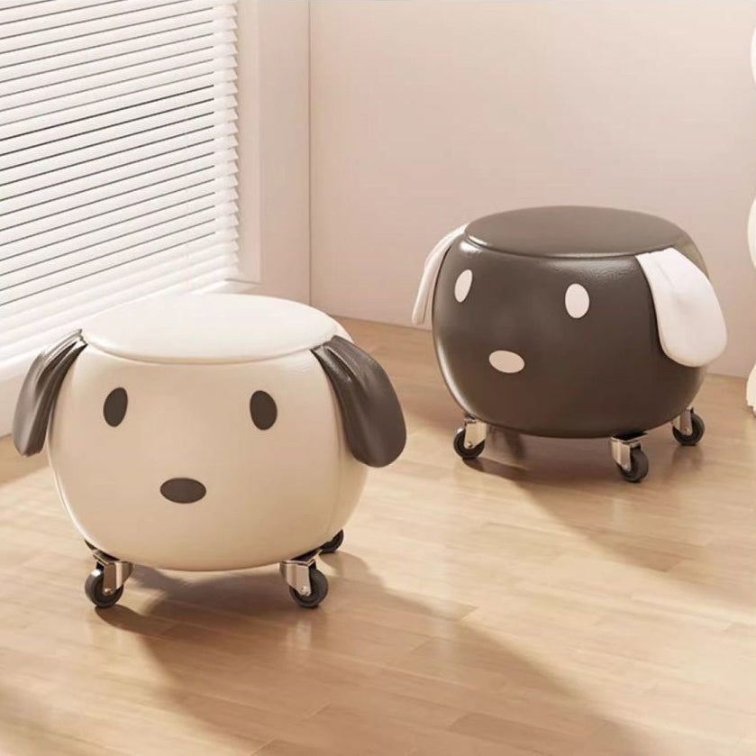 Contemporary Creative Oil Wax Leather Solid Wood Stainless Steel Dog-Shaped Round Movable Low Stool For Living Room