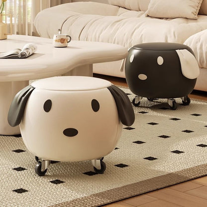 Contemporary Creative Oil Wax Leather Solid Wood Stainless Steel Dog-Shaped Round Movable Low Stool For Living Room