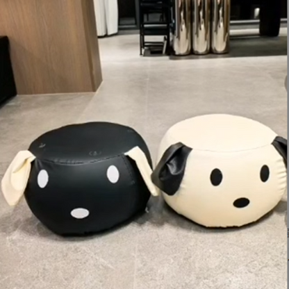 Contemporary Creative Oil Wax Leather Solid Wood Stainless Steel Dog-Shaped Round Movable Low Stool For Living Room