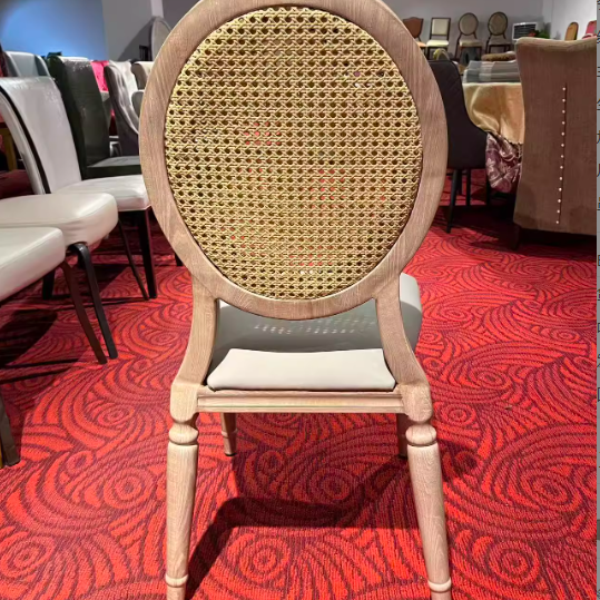 Traditional Vintage Rattan Solid Wood Upholstered Oval Trapezoid Dining Chair With Backrest For Dining Room