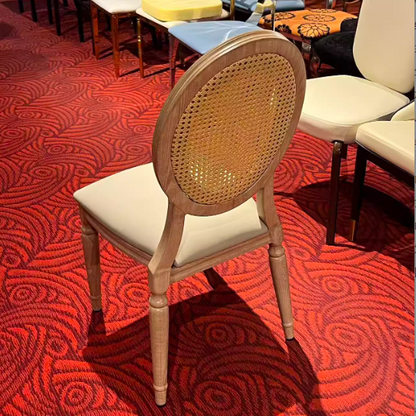 Traditional Vintage Rattan Solid Wood Upholstered Oval Trapezoid Dining Chair With Backrest For Dining Room