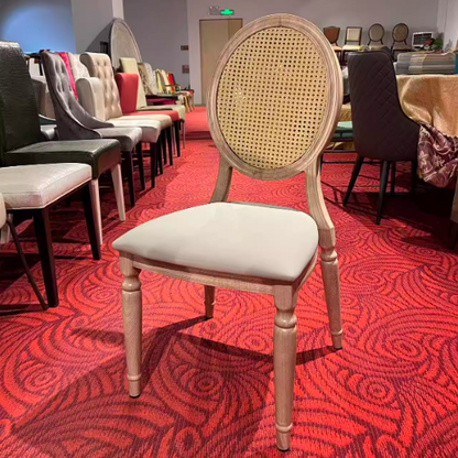 Traditional Vintage Rattan Solid Wood Upholstered Oval Trapezoid Dining Chair With Backrest For Dining Room