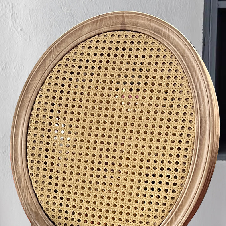 Traditional Vintage Rattan Solid Wood Upholstered Oval Trapezoid Dining Chair With Backrest For Dining Room
