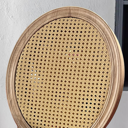 Traditional Vintage Rattan Solid Wood Upholstered Oval Trapezoid Dining Chair With Backrest For Dining Room