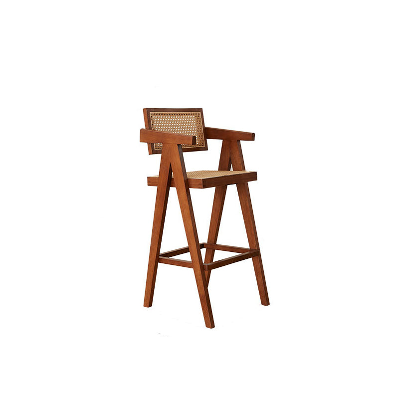 Contemporary Retro Square Wood Rattan Bar Stool Armrest Backrest For Dining Room