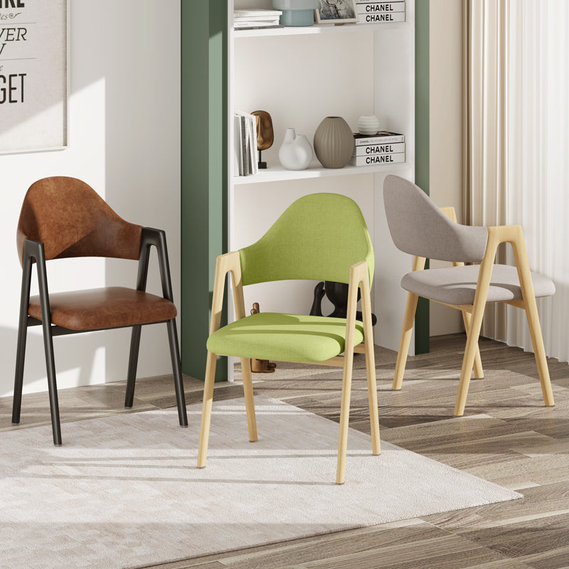 Contemporary Nordic Square Upholstered Iron Frame Linen Dining Chair Curved Backrest Armrest For Dining Room