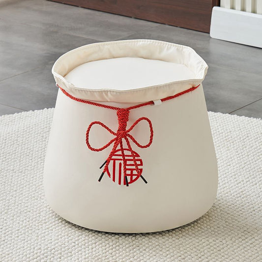 Traditional Chinese Round Leather Upholstered Pouf Low Stool For Bedroom