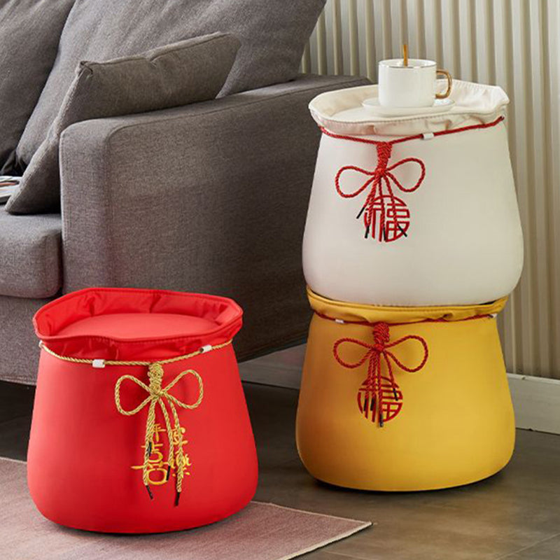 Traditional Chinese Round Leather Upholstered Pouf Low Stool For Bedroom