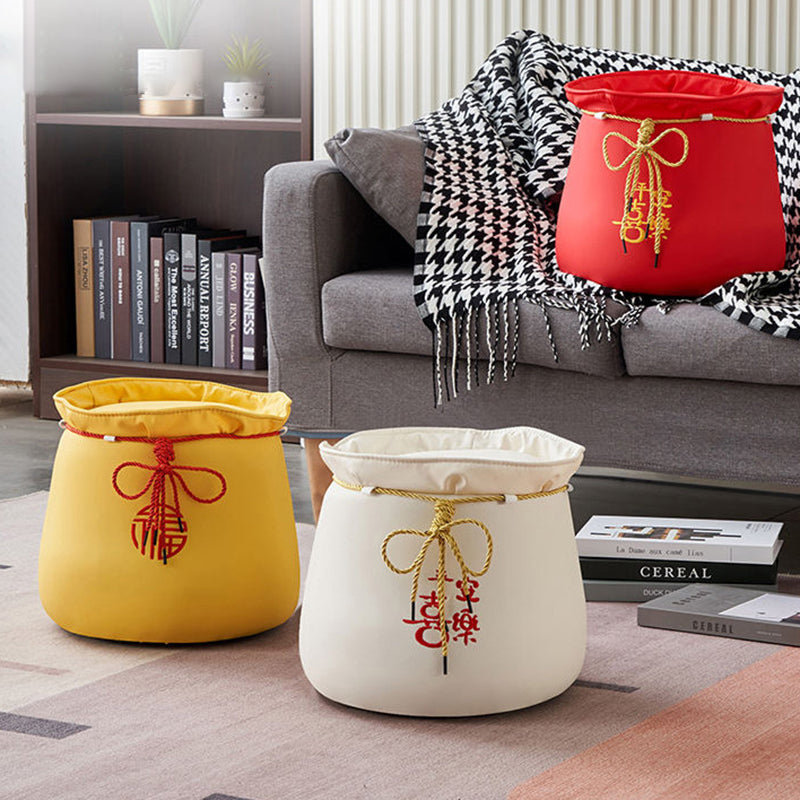 Traditional Chinese Round Leather Upholstered Pouf Low Stool For Bedroom