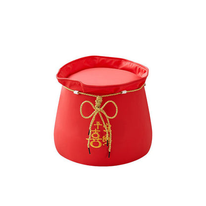 Traditional Chinese Round Leather Upholstered Pouf Low Stool For Bedroom