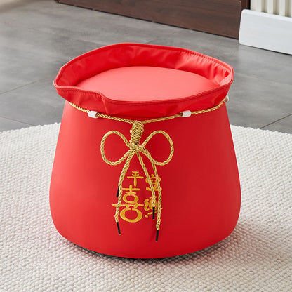Traditional Chinese Round Leather Upholstered Pouf Low Stool For Bedroom
