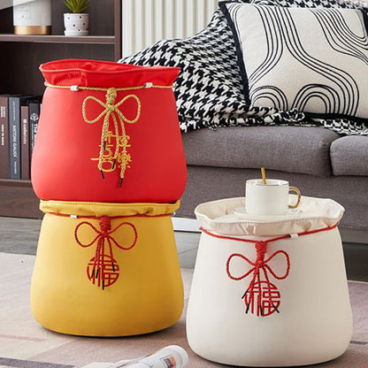 Traditional Chinese Round Leather Upholstered Pouf Low Stool For Bedroom