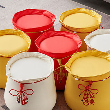 Traditional Chinese Round Leather Upholstered Pouf Low Stool For Bedroom