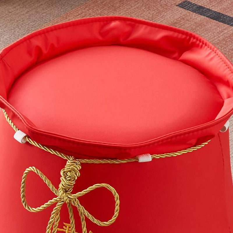 Traditional Chinese Round Leather Upholstered Pouf Low Stool For Bedroom