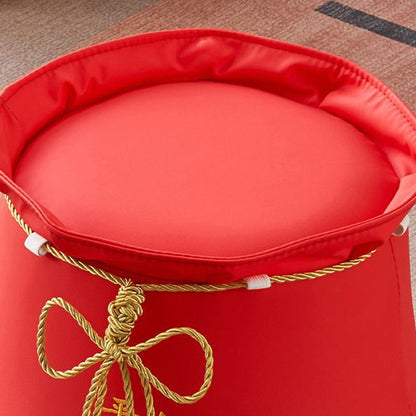 Traditional Chinese Round Leather Upholstered Pouf Low Stool For Bedroom