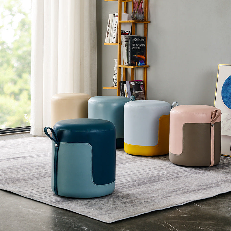 Contemporary Scandinavian Round Cat Paw Leather Solid Wood Frame Portable Low Stool For Bedroom