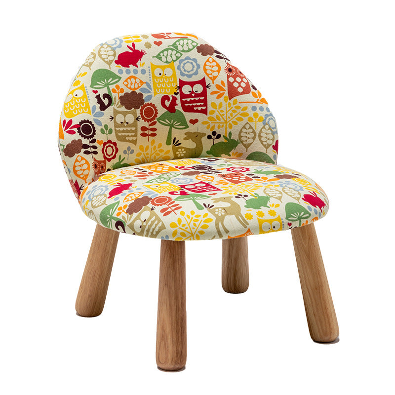 Contemporary Creative Cartoon Animal Pattern Fabric Solid Wood Low Stool For Bedroom