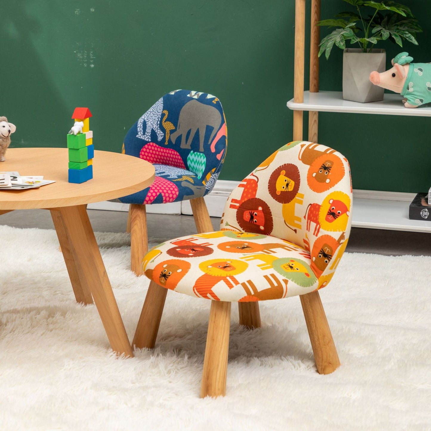 Contemporary Creative Cartoon Animal Pattern Fabric Solid Wood Low Stool For Bedroom