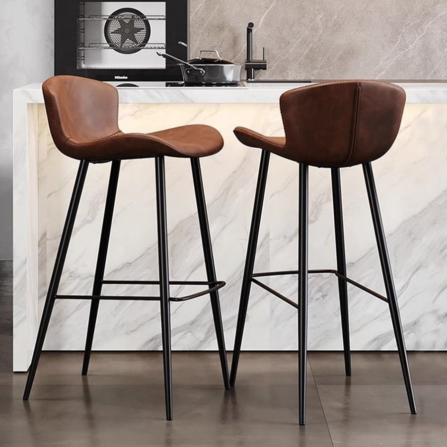 Contemporary Scandinavian Curved Faux Leather Carbon Steel High Legs Bar Stool Footrest For Dining Room