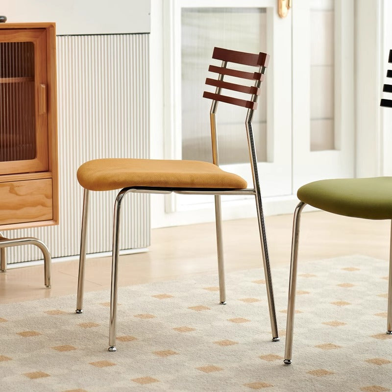 Contemporary Nordic Square Fabric Stainless Steel Legs Dining Chair Arc Solid Wood Backrest For Dining Room