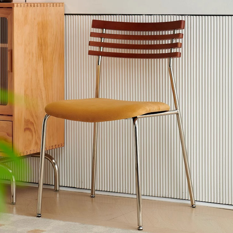 Contemporary Nordic Square Fabric Stainless Steel Legs Dining Chair Arc Solid Wood Backrest For Dining Room