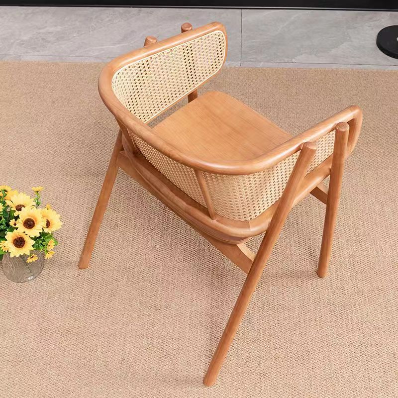Traditional Japanese Square Solid Wood Dining Chair Rattan Weaving Backrest For Dining Room