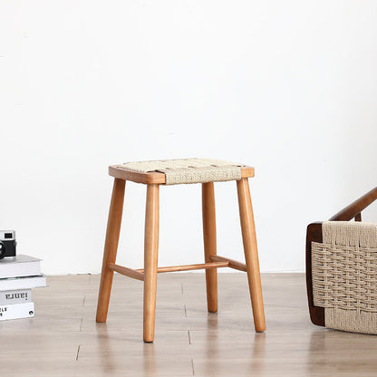 Traditional Japanese Square Braided Rope Seat Solid Wood Dining Chair Footrest For Dining Room