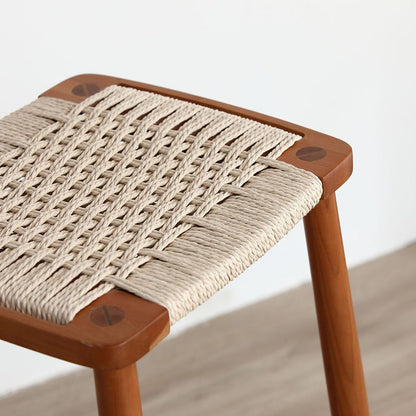 Traditional Japanese Square Braided Rope Seat Solid Wood Dining Chair Footrest For Dining Room