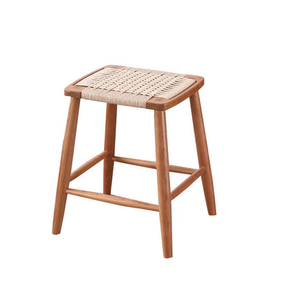 Traditional Japanese Square Braided Rope Seat Solid Wood Dining Chair Footrest For Dining Room