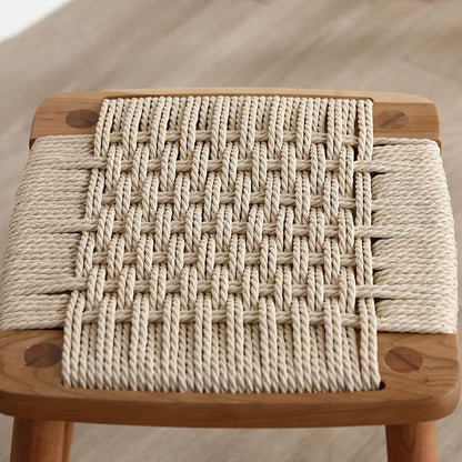 Traditional Japanese Square Braided Rope Seat Solid Wood Dining Chair Footrest For Dining Room