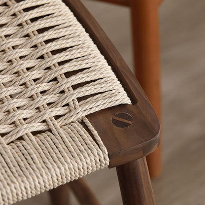 Traditional Japanese Square Braided Rope Seat Solid Wood Dining Chair Footrest For Dining Room
