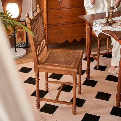 Traditional French Square Solid Wood Rattan Dining Chair Backrest Footrest For Dining Room