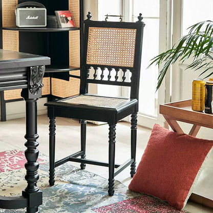 Traditional French Square Solid Wood Rattan Dining Chair Backrest Footrest For Dining Room