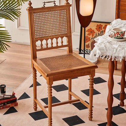 Traditional French Square Solid Wood Rattan Dining Chair Backrest Footrest For Dining Room