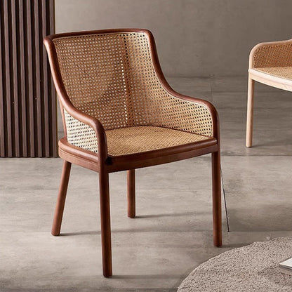 Contemporary Retro Square Rattan Weaving Seat Solid Wood Dining Chair Curved Arm For Dining Room