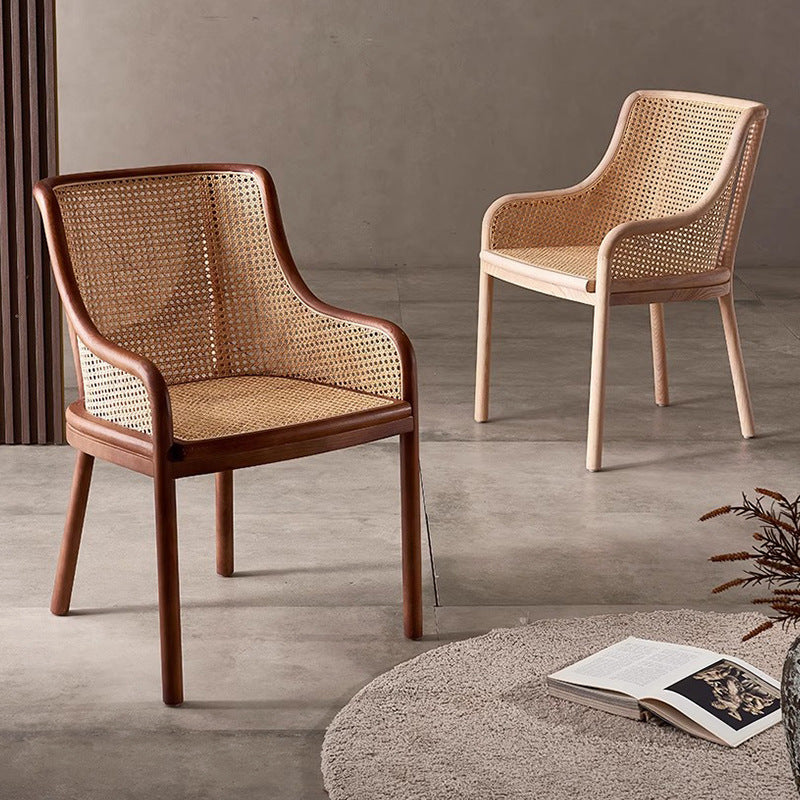 Contemporary Retro Square Rattan Weaving Seat Solid Wood Dining Chair Curved Arm For Dining Room