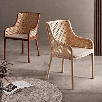Contemporary Retro Square Rattan Weaving Seat Solid Wood Dining Chair Curved Arm For Dining Room
